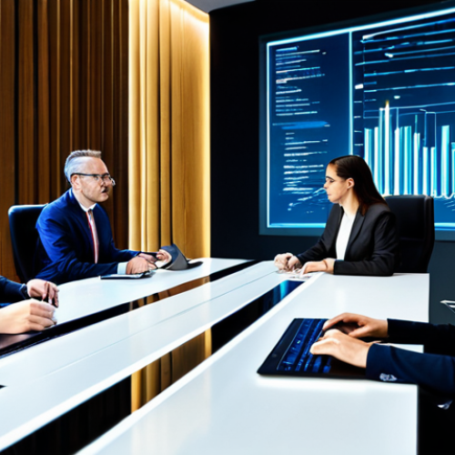 Home 4 A group of diverse professional experts, fully clothed in modest business attire, are seated around a sleek, modern conference table in a high-tech office. They are reviewing secure digital documents on multiple screens, symbolizing global data exchange and cybersecurity. The background features server racks glowing softly, emphasizing data infrastructure. The scene is well-lit, clean, and futuristic. perfect anatomy, correct proportions, natural pose, well-formed hands, proper finger count, natural body proportions, high-resolution, professional photography, studio lighting, safe for work, appropriate content, fully clothed, professional, family-friendly.