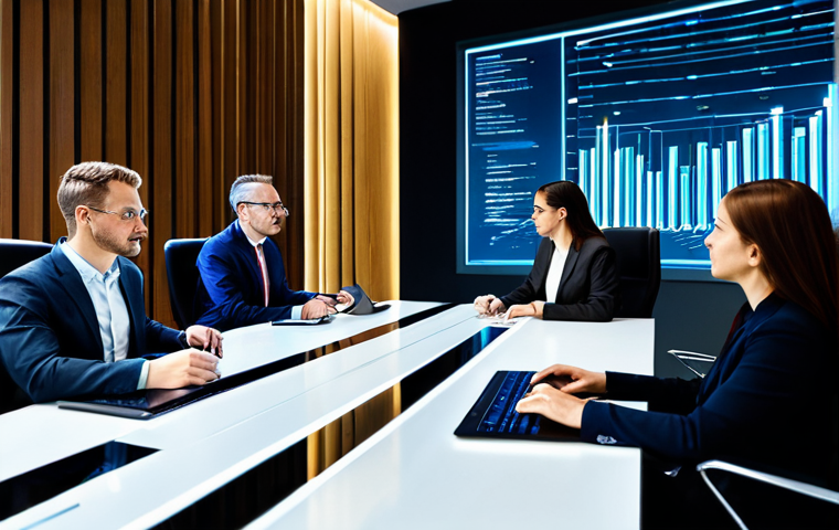 A group of diverse professional experts, fully clothed in modest business attire, are seated around a sleek, modern conference table in a high-tech office. They are reviewing secure digital documents on multiple screens, symbolizing global data exchange and cybersecurity. The background features server racks glowing softly, emphasizing data infrastructure. The scene is well-lit, clean, and futuristic. perfect anatomy, correct proportions, natural pose, well-formed hands, proper finger count, natural body proportions, high-resolution, professional photography, studio lighting, safe for work, appropriate content, fully clothed, professional, family-friendly.
