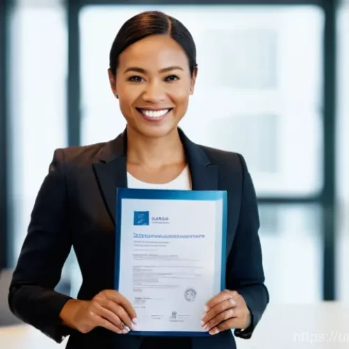 행정사와 관련된 국제적 인증 제도 - **Prompt:** A confident, diverse female professional in her mid-30s, wearing a sharp, modern busines...