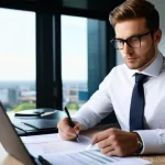 행정사로서 첫 번째 고객 상담 시 유의점 - **Prompt:** A focused male business consultant, dressed in a sharp, dark suit with a white shirt and...