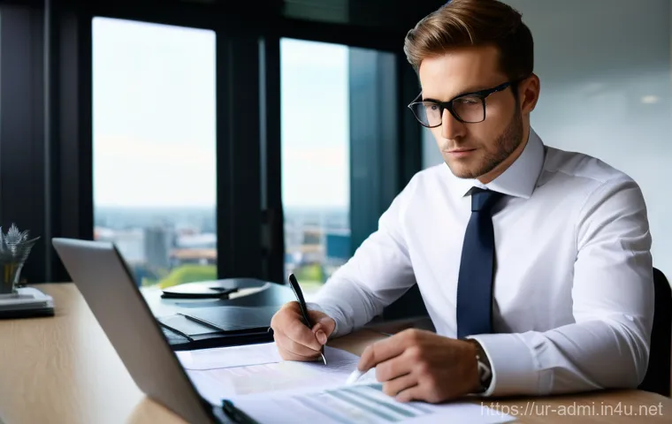 행정사로서 첫 번째 고객 상담 시 유의점 - **Prompt:** A focused male business consultant, dressed in a sharp, dark suit with a white shirt and...