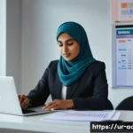Home 19 행정사 업무를 위한 시간 관리 비법 - A professional South Asian woman in a modern office setting, wearing modest business attire with a h...