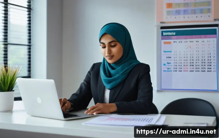 행정사 업무를 위한 시간 관리 비법 - A professional South Asian woman in a modern office setting, wearing modest business attire with a h...